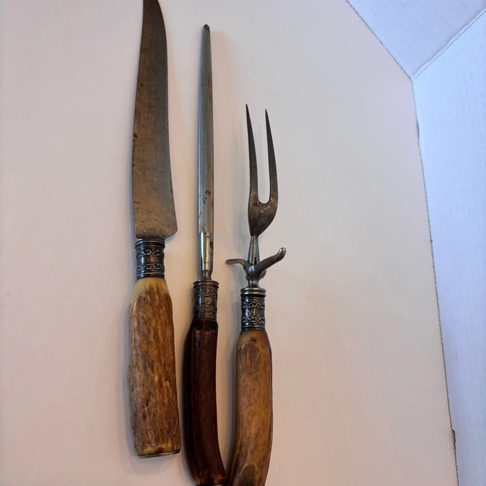 Antique Vintage Antler Handle Handle Carving Set w/ Silver Plated Ferrules Rare - Picture 13 of 14